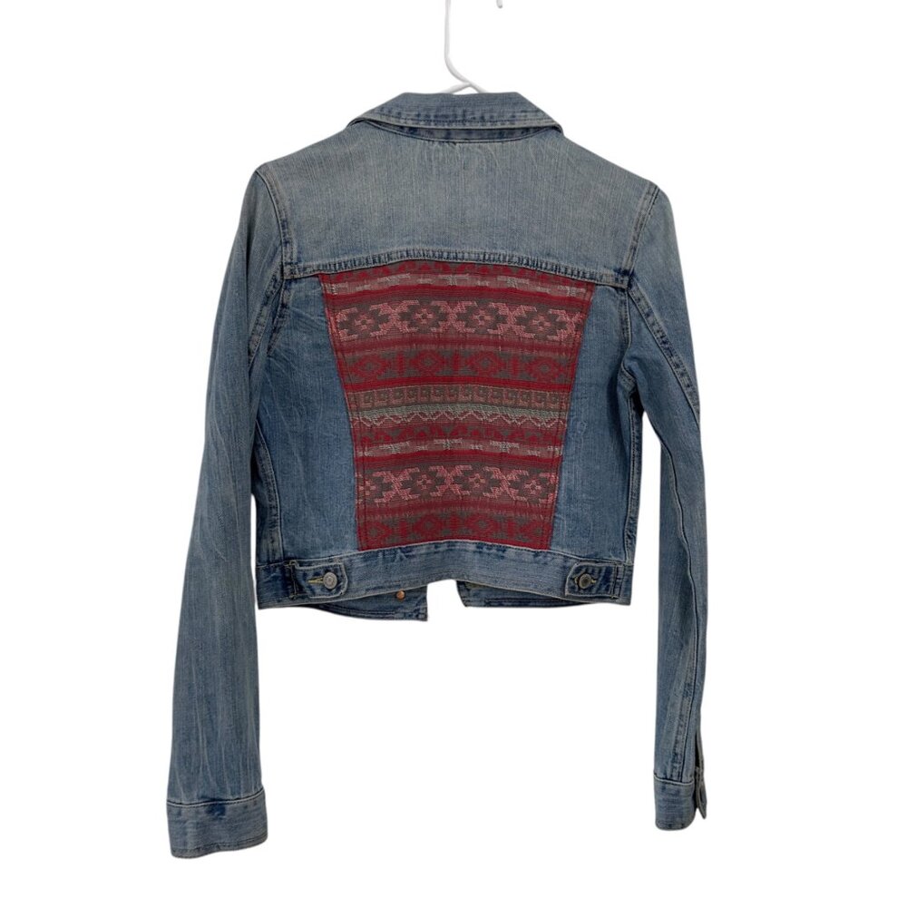 American Eagle Womens S/P Retro Cropped Denim Jacket Aztec Red Back Panel Casual - Picture 13 of 15